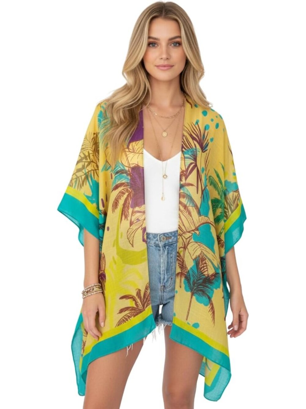 Women Rz Golden Palms Viscose Summer Lightweight Boho Kimono Cardigan Cover up